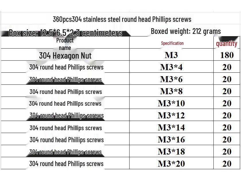 360-Piece Set: M3 Stainless Steel 304 Phillips Pan Head Screws, Nuts, Flat & Spring Washers