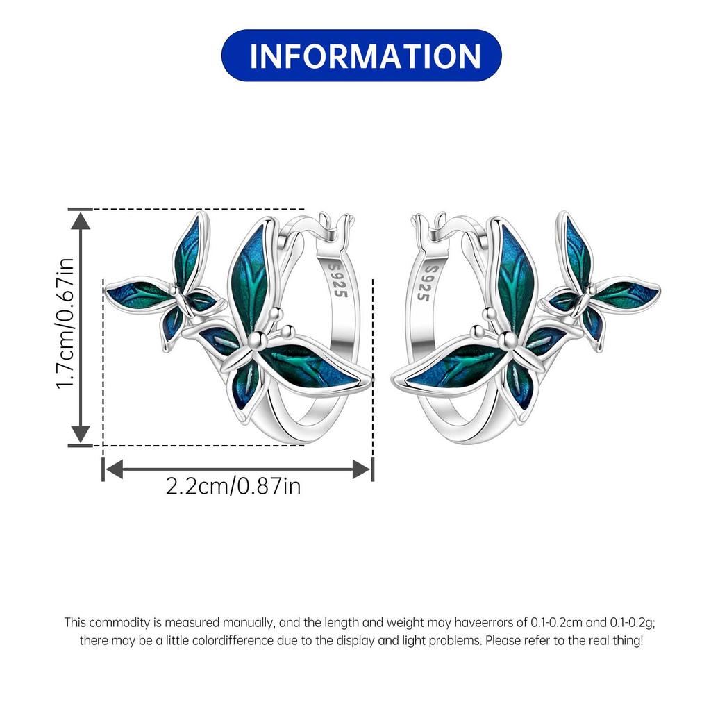 S925 Silver Blue Green Butterfly Insects Earrings Hoop Earrings Women Jewelry Trendy Anniversary Gift