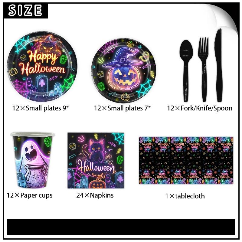 Halloween Disposable Tableware Set with Tablecloth Paper Plates Cups Napkins Spoons Forks Knives Festive Party Supplies