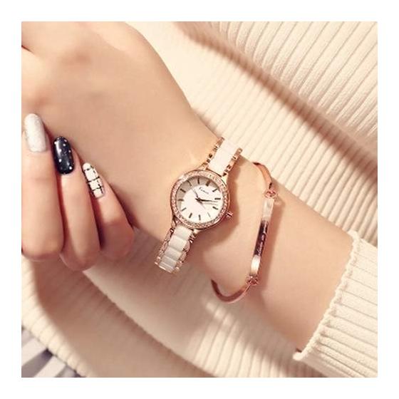 KIMIO K6121 Women's Watch Simple Watch White Ceramic Rose Gold Watch Band Diamond Dial Ladies Watch Watch for Women
