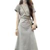 Grey dress for women's summer shows high wear with waist medium and long dress