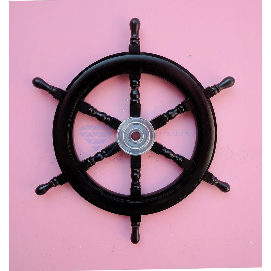 Nautical Handcrafted Wooden Ship Wheel - Home Wall Decor (24 Inches, Black)