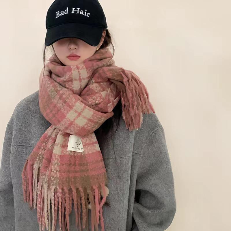 Warm scarf Women's winter dry rose powder white thickened scarf atmosphere fringed shawl versatile