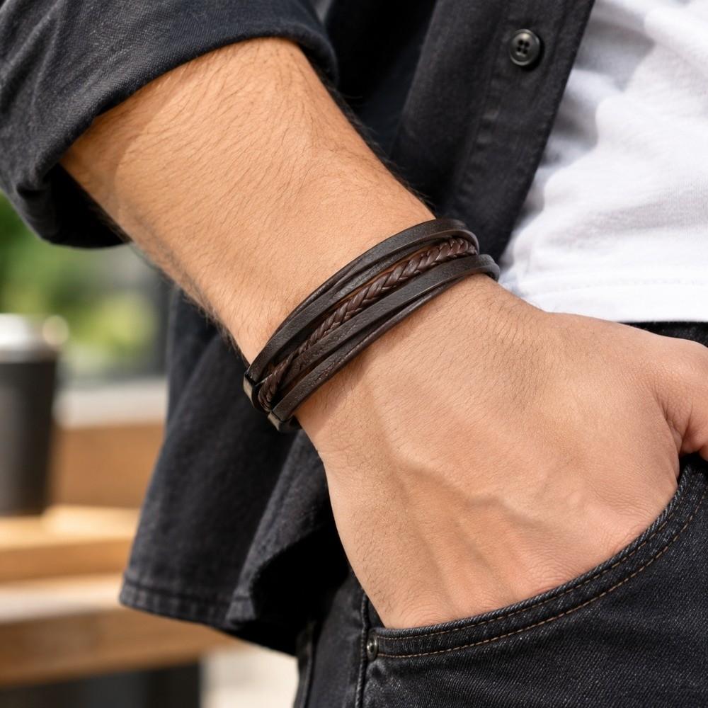 2pcs PU Leather Leather Bracelet Brown Multi-Strand Bracelet Fashion Braided Bracelet For Men
