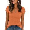 Women Knit Short Sleeve Top V Neck Ribbed Pullover Basic Fitted Sweater Lightweight Soft Stretchy Slim Fit Casual Tee Shirt
