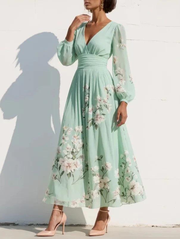 Women's V-Neck Floral Long Sleeve Pleated Dress 2026