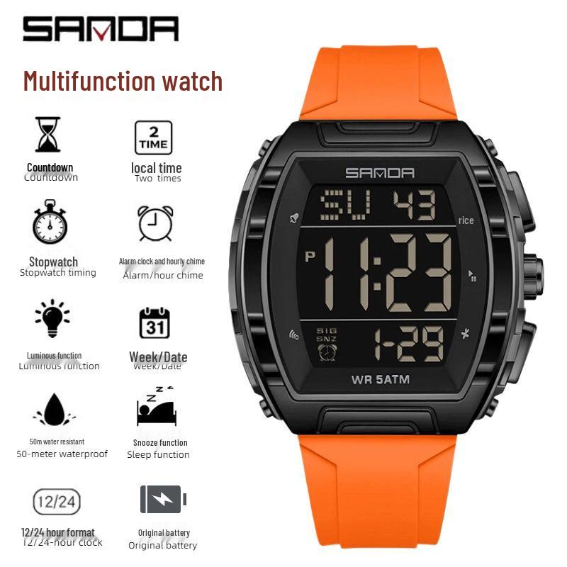 SANDA Men's Multifunctional Dual Time Waterproof Sport Watch - Fashion Tonneau Shape with Snooze Feature