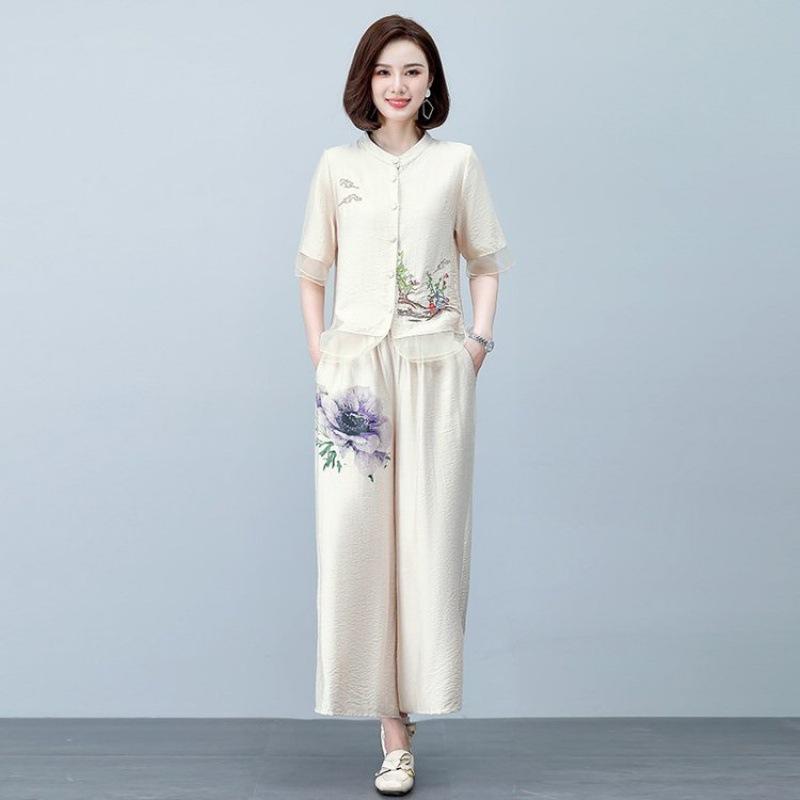 

Летний свободный комплект из двух предметов из хлопка и льна с короткими рукавами для мам, для женщин среднего возраста и пожилых людей XL белый