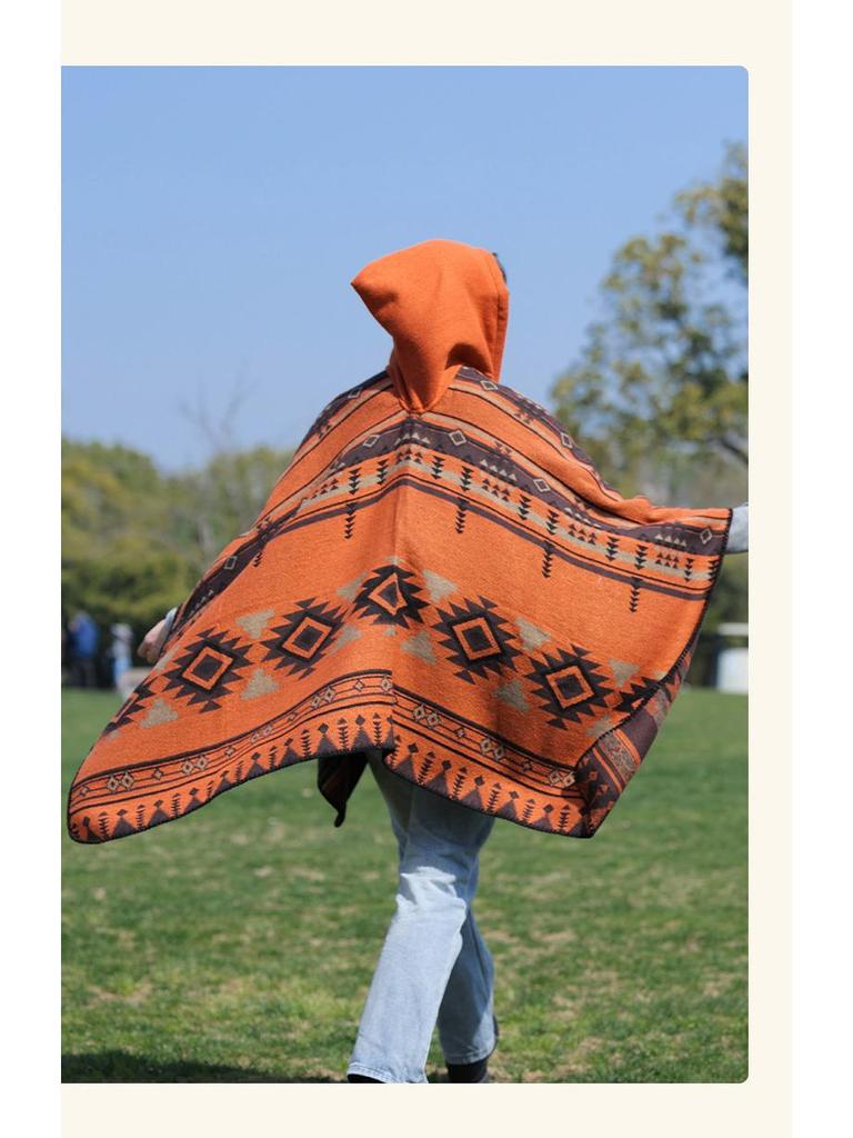 Ethnic Hooded Cape Shawl - Unisex Warm Travel Outerwear Cloak
