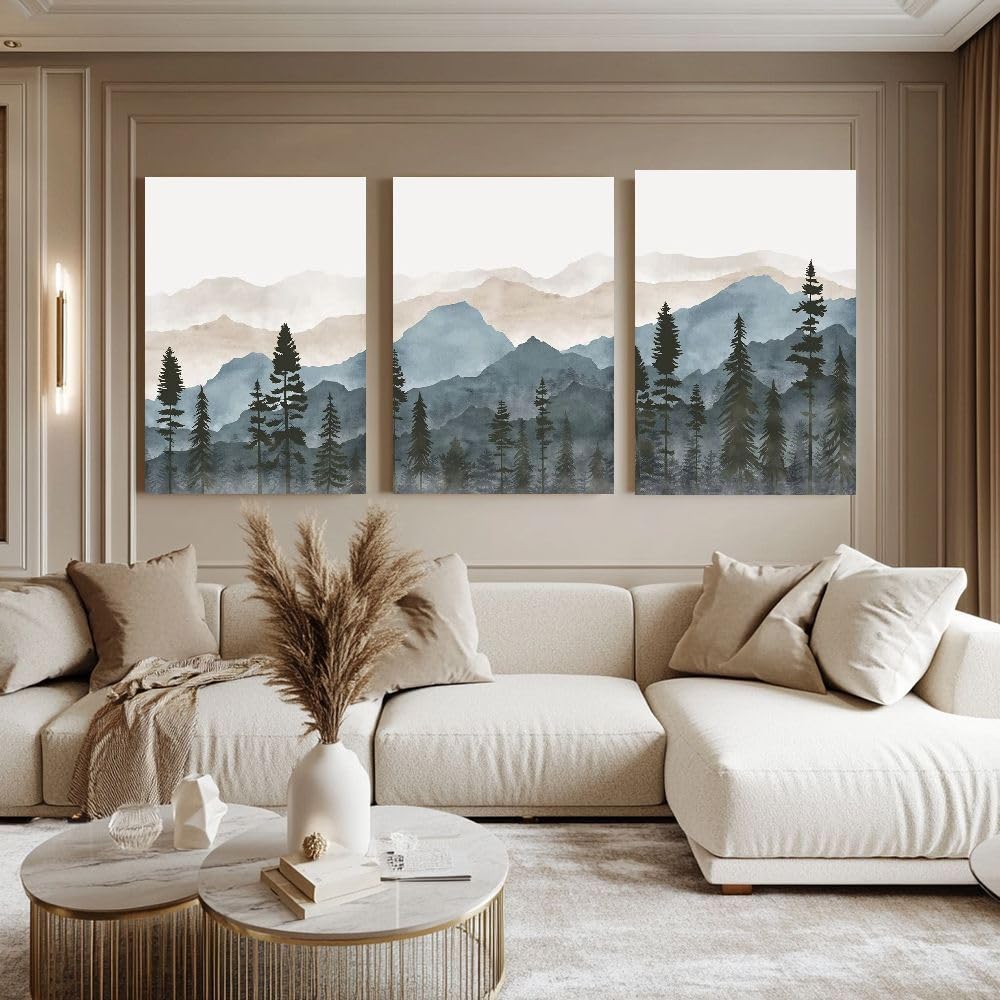 LAKELUUYAA Nordic Modern Abstract Blue Watercolor Canvas Art Posters, Set of 3 - Framed Landscape Art Panels for Living RoomBedroom, Stylish Interior