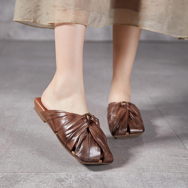 Square-toed Hollowed-out Pleated Shoes Semi-flip-flops with Metal Buckles and Toe Caps Women's Summer Flip-flops