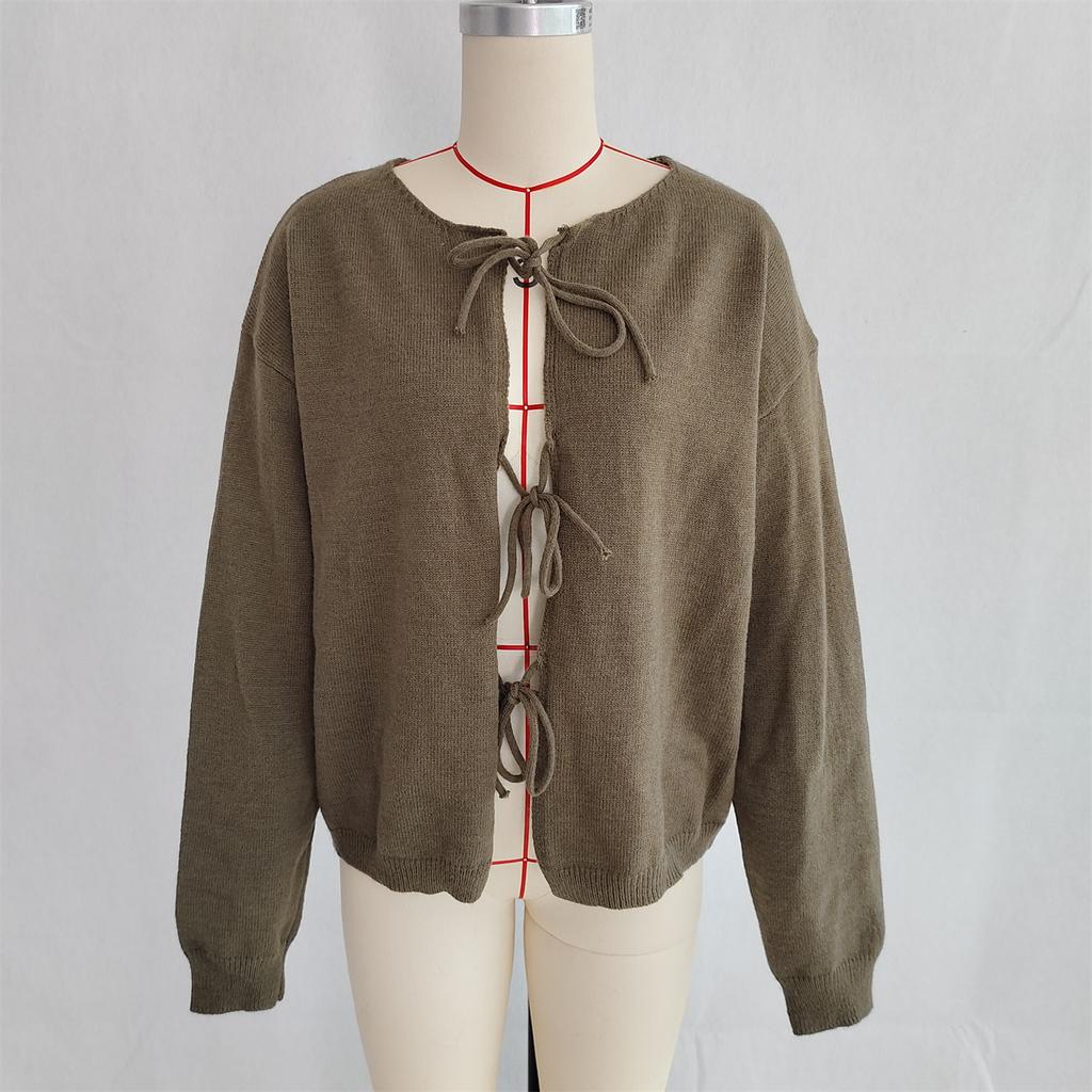 Women's Tie Front Bow Cardigan Sweater Long Sleeve Knit Outwear Coat Lace Up Crew Neck Crochet Cardigan Sweaters for Women Fall Outfit Sweater Jacket