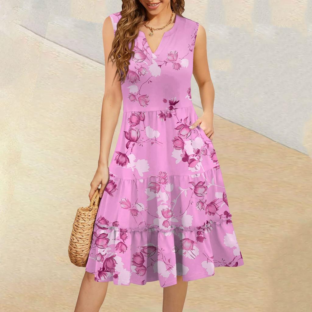 Dámské letní ležérní plisované šaty s volánky ve vintage květinovém stylu s výstřihem do V a bez rukávů