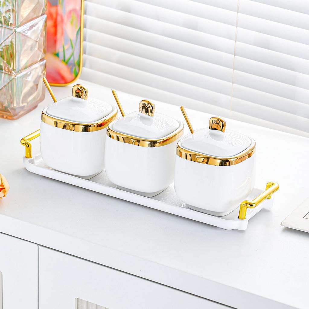 High-End Ceramic Seasoning Jar Set with Spoon - Moisture-Proof and Stylish Salt & Spice Containers for Kitchen