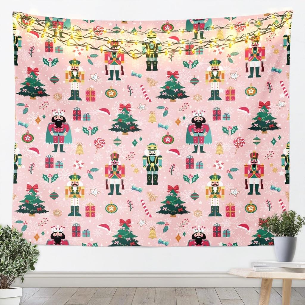 Pink Nutcracker Tapestry Christmas Wall Art for Living Room Bedroom Xmas Cute Wall Hanging Blanket Home Decor Small 70x100