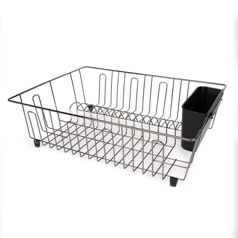 Large Wire Dish Rack Kitchen Organizer Drying Rack with Cutlery Cup Countertop Storage Black Chrome Rust Resistant Metal