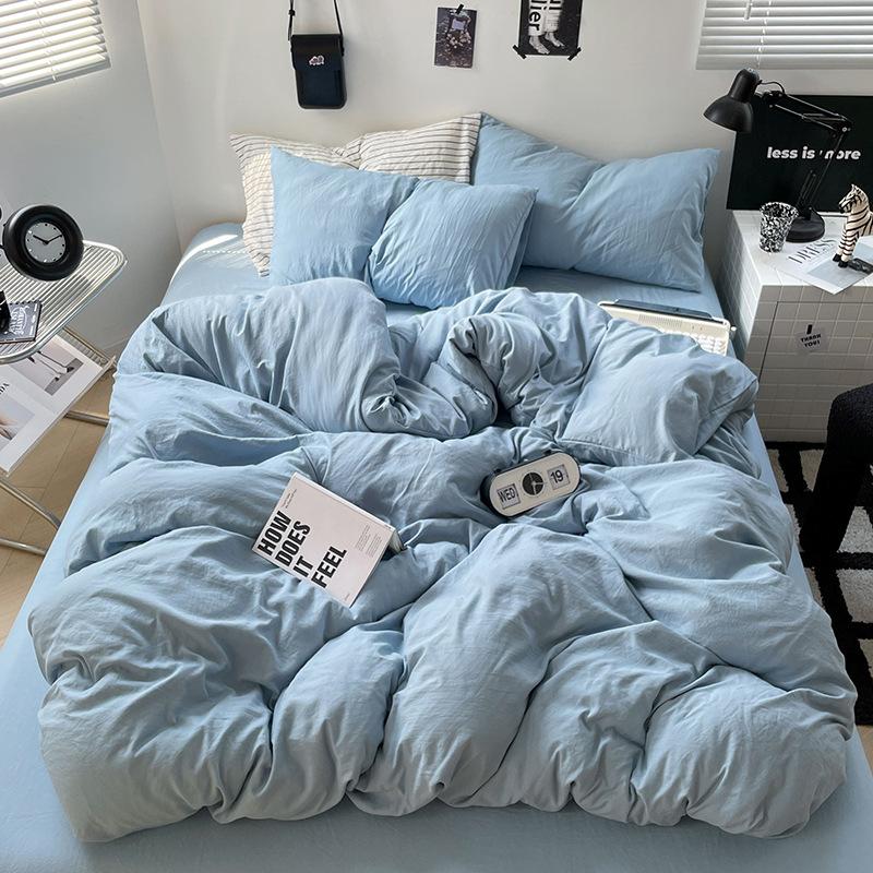 Ultra-soft Solid Color Washed Cotton Bed 4-piece Set Duplex Student Dormitory 3-piece Bed Sheet Quilt Cover Bedding