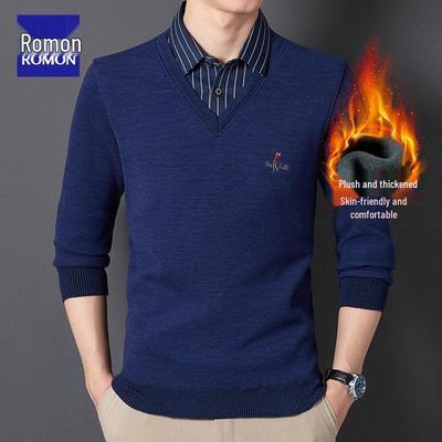 Romon Men's Winter V-Neck Sweater: Faux Two-Piece, Thick Velvet, Warm Knitwear for Middle-Aged and Elderly