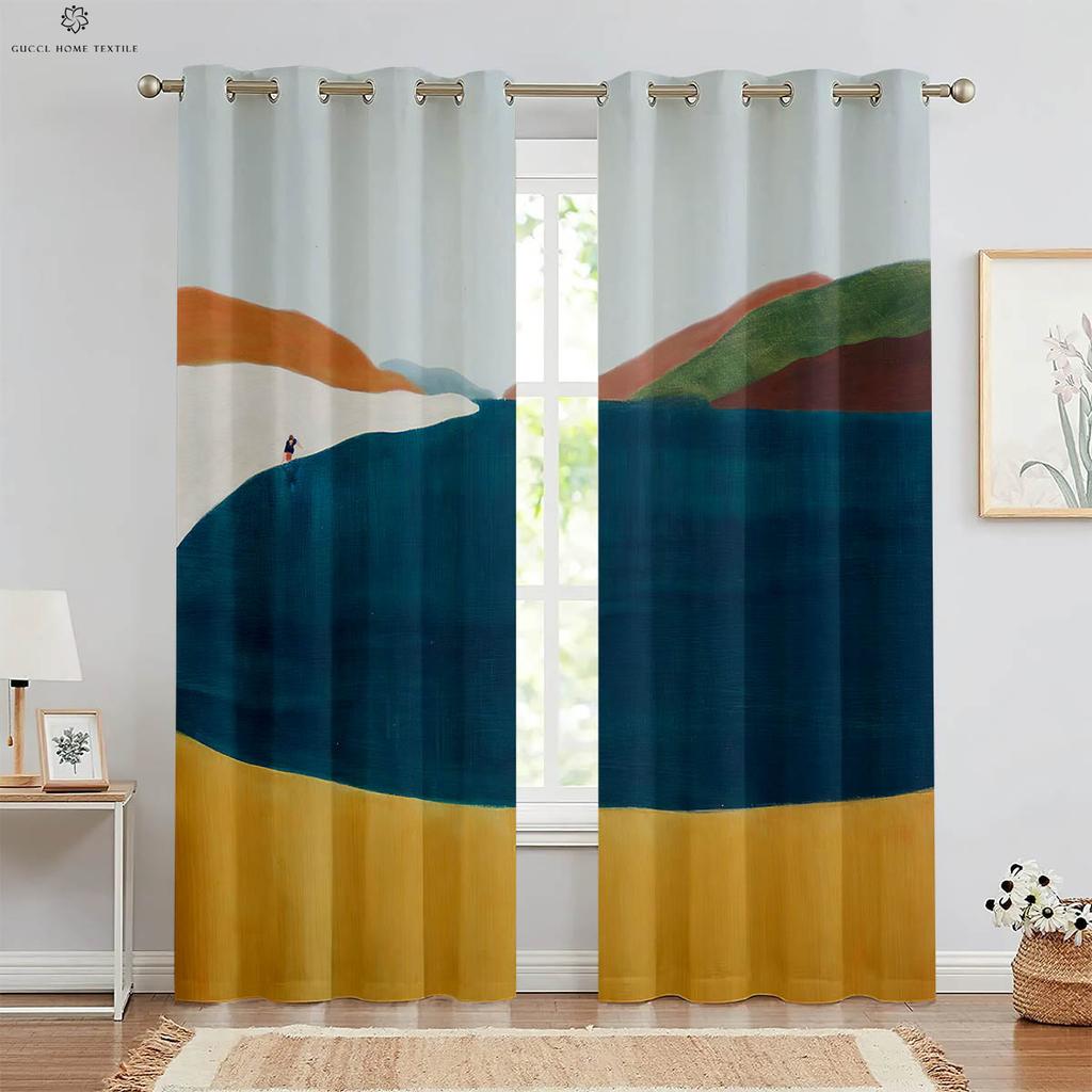 Landscape Oil Painting Decorative Curtain, 3D Printing Curtain, Studio Dormitory Bedroom Living Room, Easy To Wash and Maintain