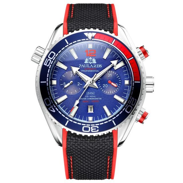 PAULAREIS Masculino Automático Auto Vento Mecânico Pulseira de Borracha de Lona Laranja Azul Vermelho Multifuncional Data Mês Relógio