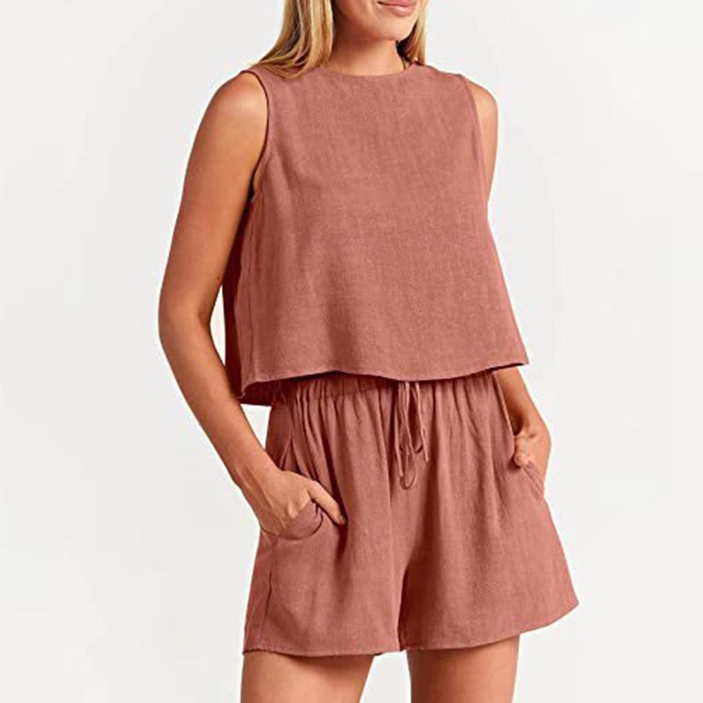 Women's Two-Piece Summer Linen Suit Sleeveless Round Neck Short Vest Wide Leg Casual Shorts Suit