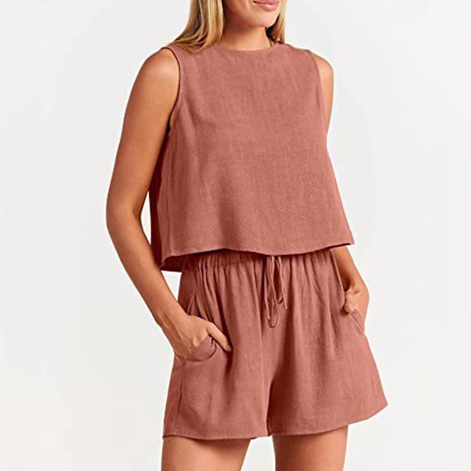 

Women s Two-Piece Summer Linen Suit Sleeveless Round Neck Short Vest Wide Leg Casual Shorts Suit XL кавун червоний колір