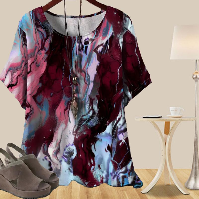 Women's Versatile Casual Loose Spring Shirt Women's Short Sleeve Marble Stripes Printed Tops