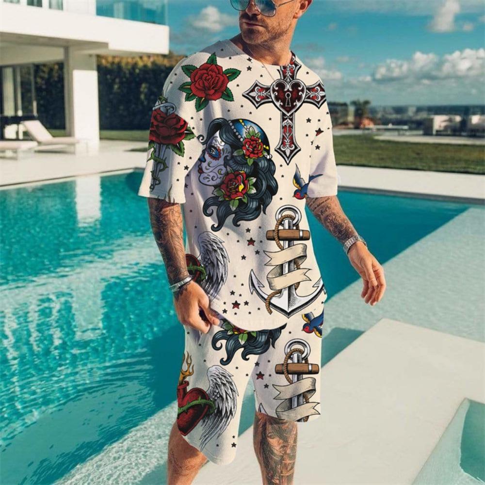 Vintage Wave Print T-shirt Set Summer Men's Beach Breathable Short Sleeve 2 Piece Set Men's Fashion Tops Set Men's Clothing
