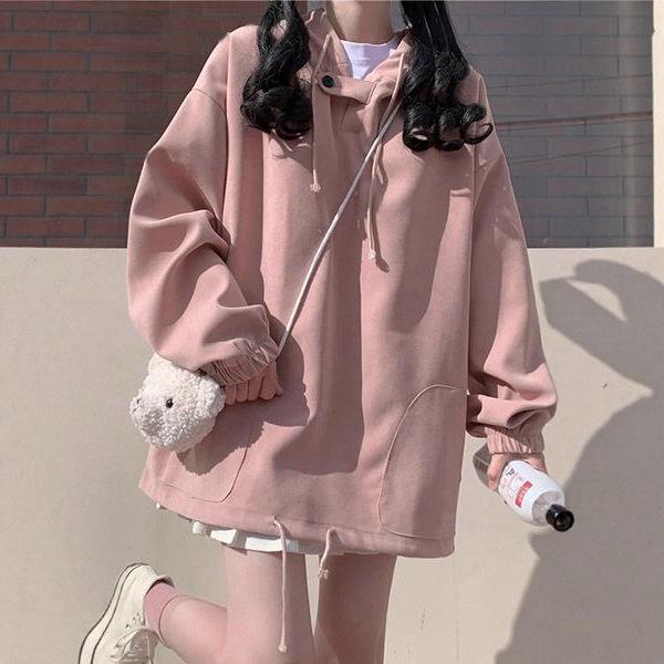Women's Fleece-Lined Hooded Jacket: Loose Fit, Versatile Long-Sleeve Sweatshirt for 2024 Autumn/Winter, Japanese Student Style, Warm Top