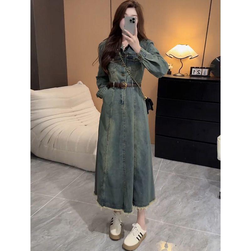 

2025 Autumn Hong Kong Style Retro A-line Denim Dress: Slimming Waist-Cinch, Long Sleeve S 80-100 jin