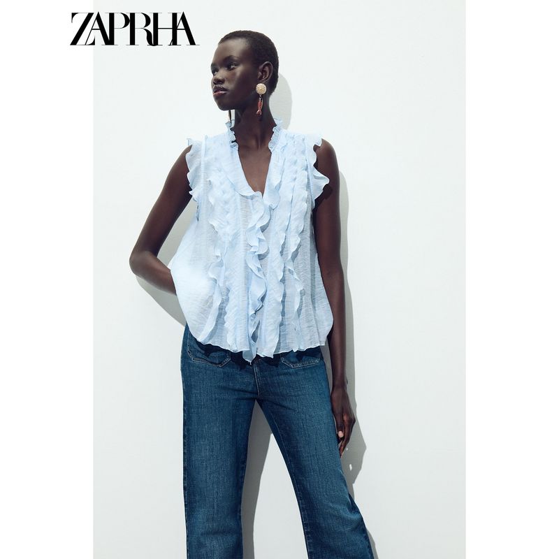 Zaprha 2025 Summer New Sweet Loose Laminated Decorative Drape V-neck Sleeveless Top 5029108