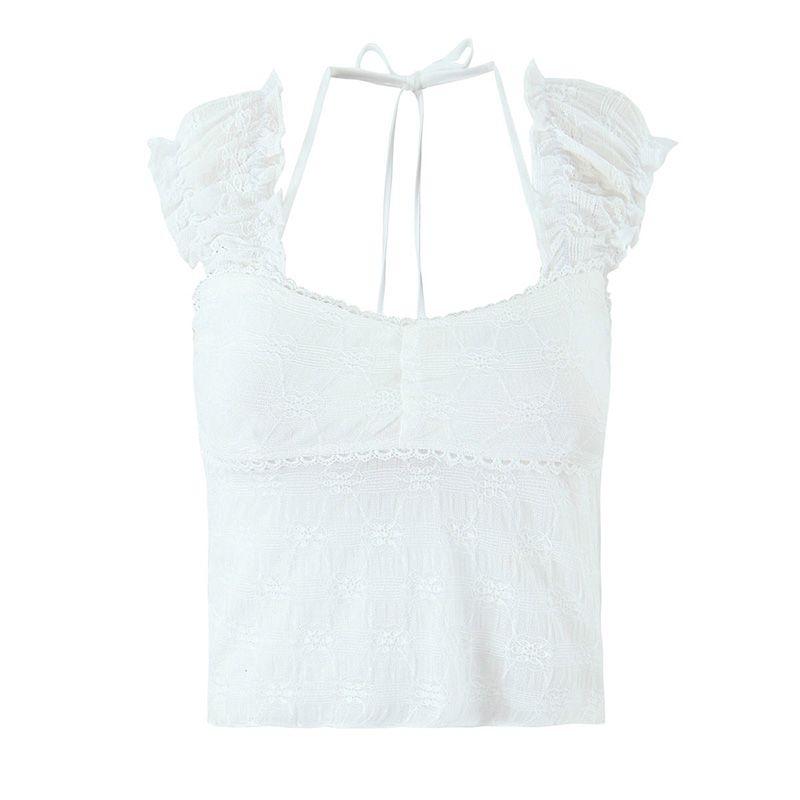 Plain Boiled Water Girl Pure Desire Wind Small Lace Puff Sleeves Elastic Knitting Perspective Knotted Short Silm Small Top