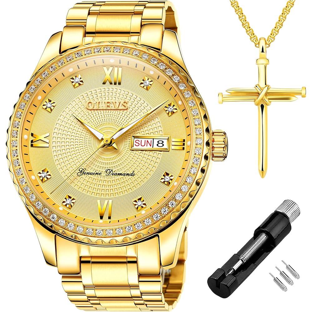 OLEVS Men s Diamond Watch Gold Color Large Dial Waterproof Analog Quartz Wristwatch with Calendar Function Stainless Steel Band