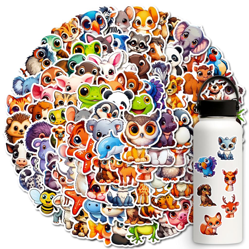 100 Cute Hand-Painted Big-Eyed Animals Pp Waterproof Stickers Elephant Cat Frog Do Not Repeat Decorative Stickers