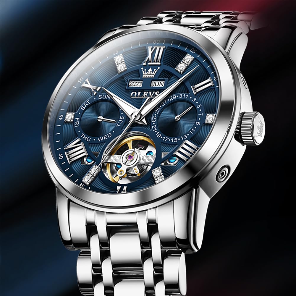 OLEVS Mechanische Automatikuhr mit Handaufzug, Ewiger Kalender, Skelett-Metallarmband, stilvolle Retro-Uhr, leuchtend, wasserdicht, für Herren, Blau