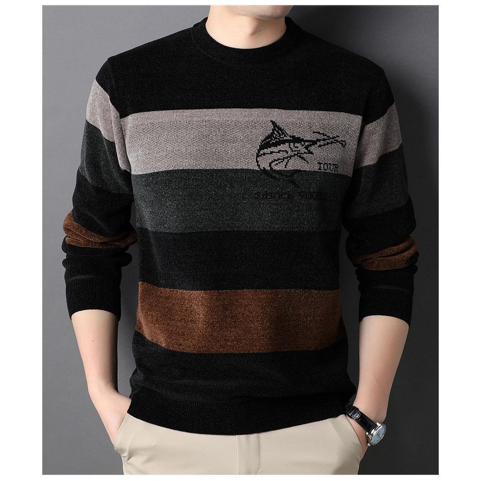 Chenille Sweater Men's Padded Thickened Striped Warm Bottoming Shirt Tide of Young Round Neck Knitwear Plus Size