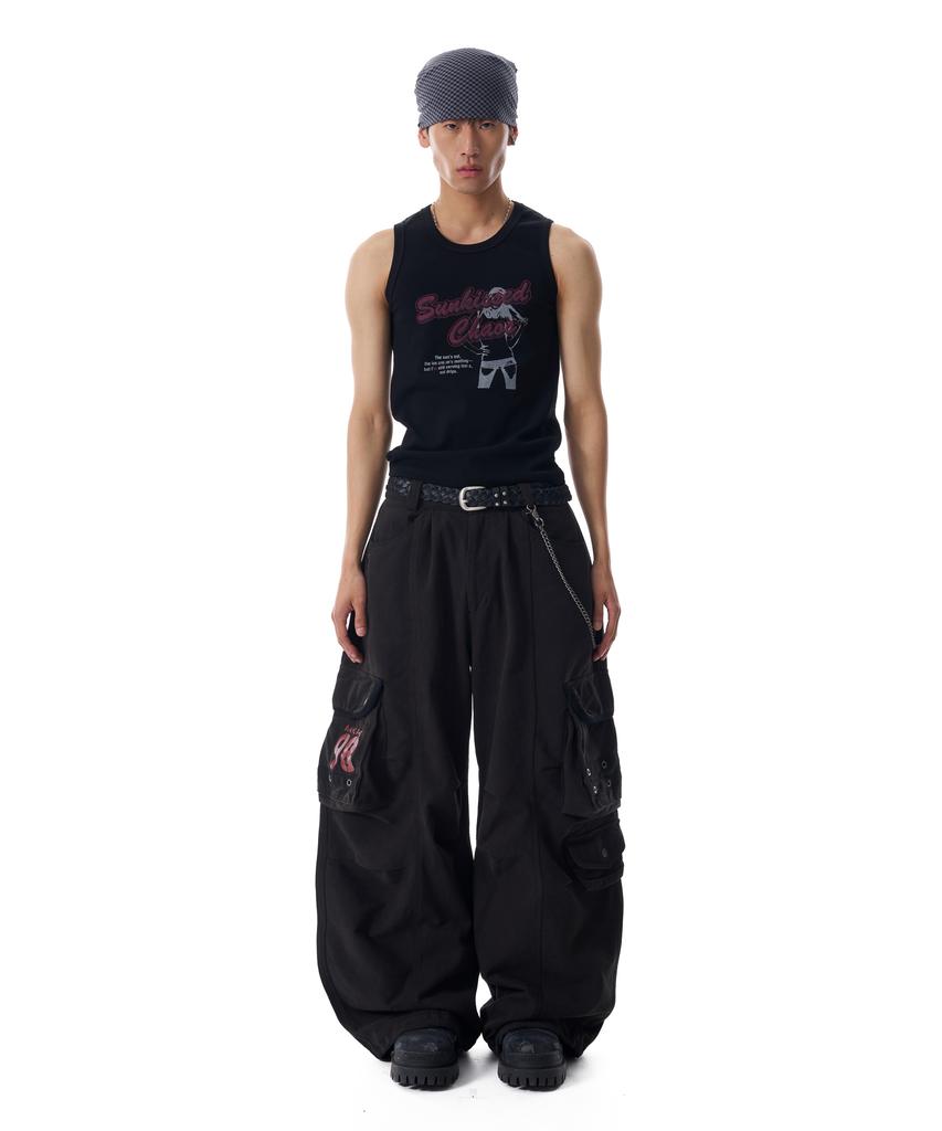 AAKAM 98 Knee Pin-Tuck Contrast Cargo Pants (Black)