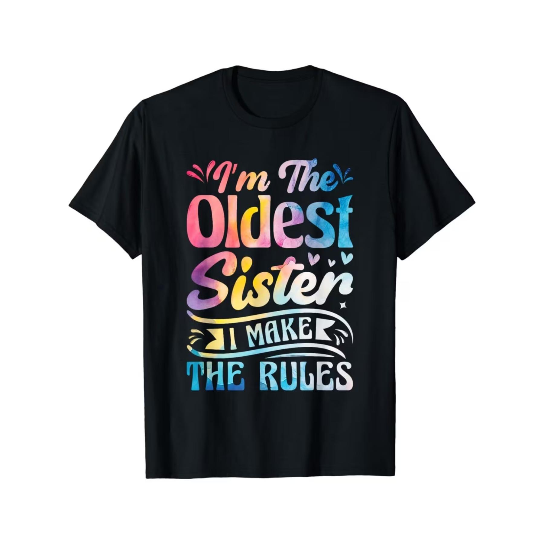 

Humorous T-Shirt for The Eldest Sister - Comfortable Fit for Any Season, Black with Vibrant Geometric Text and Heart Designs S чёрный