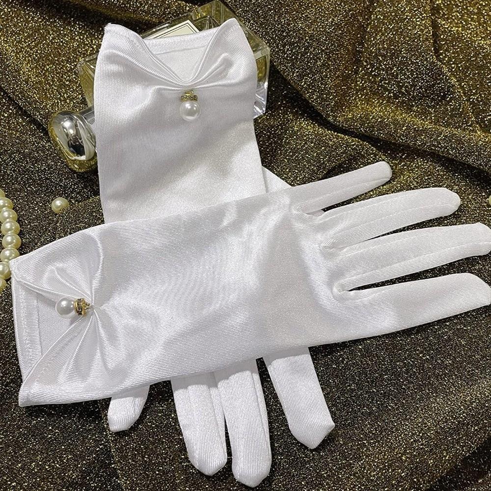 Pearl Decorative White Satin Bridal Gloves Wrist Length Women Silk Gloves Ladies