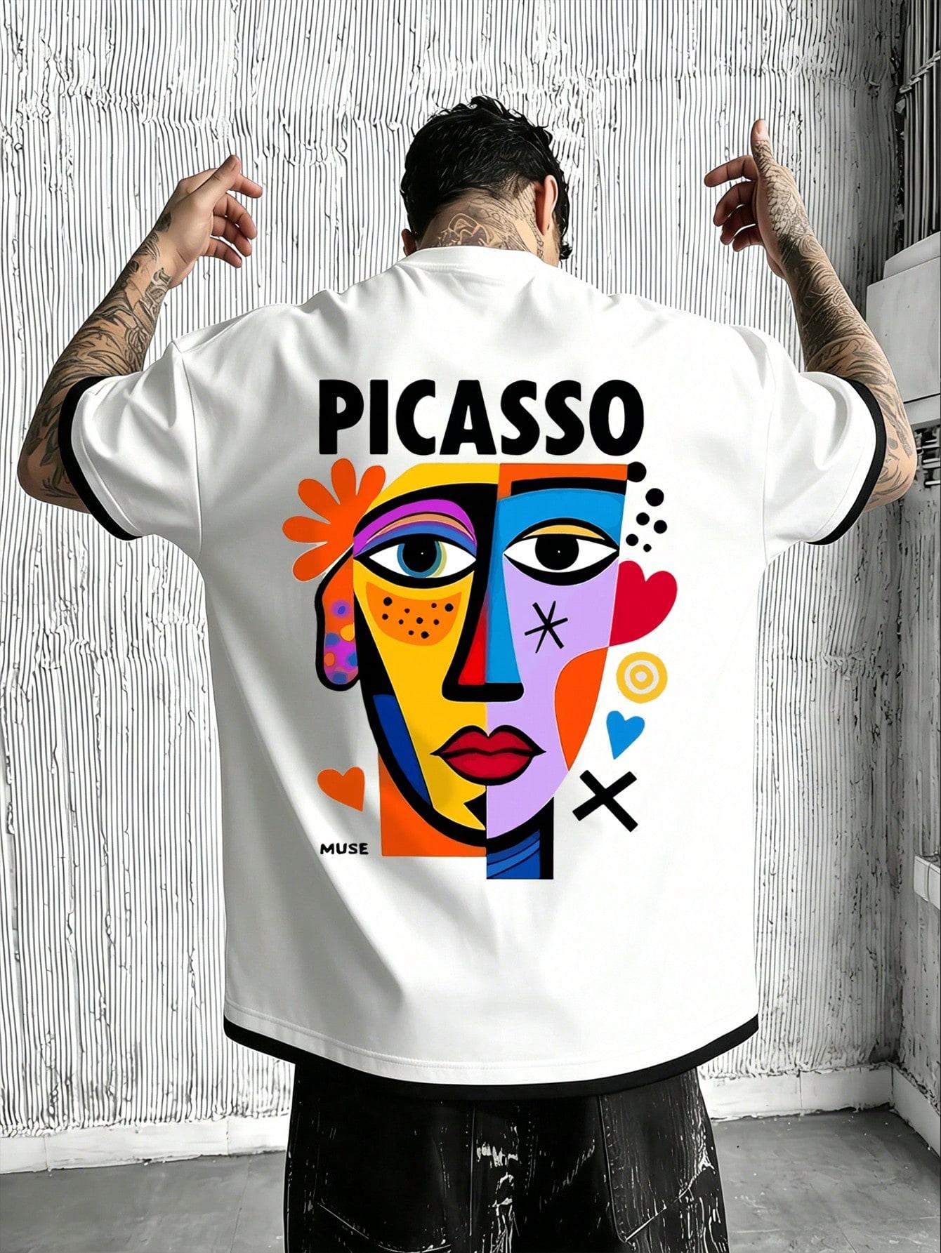 Men s Vintage Patchwork Pattern T-shirt With Abstract Pattern, Suitable for Daily Use, White S