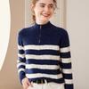 Women's Thickened Cashmere Color Block Striped Zipper Sweater - Retro Loose Lapel Short Knit Top for Autumn/Winter