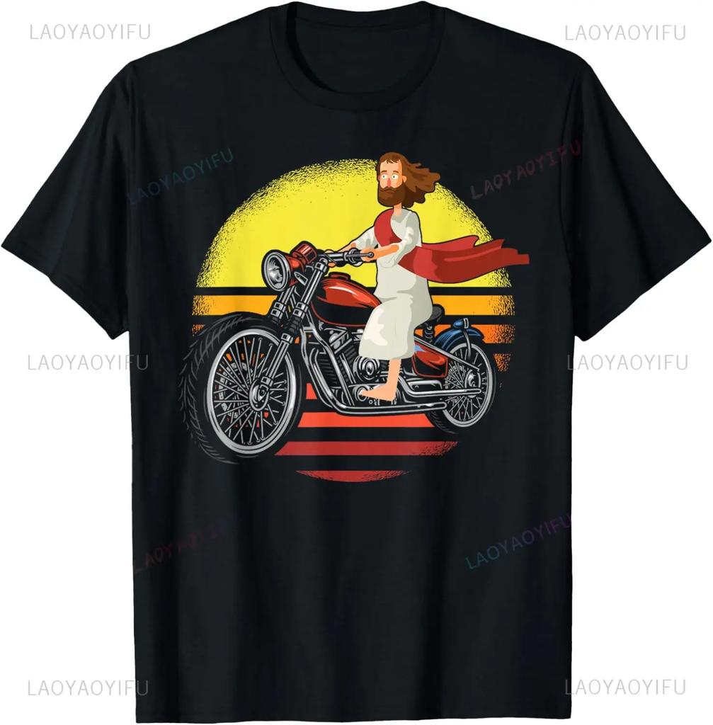 Jesus and Motorcycles Makes Me Happy Funny Christian Biker TShirt Graphic T Shirts Print on Demand Camisas Streetwear