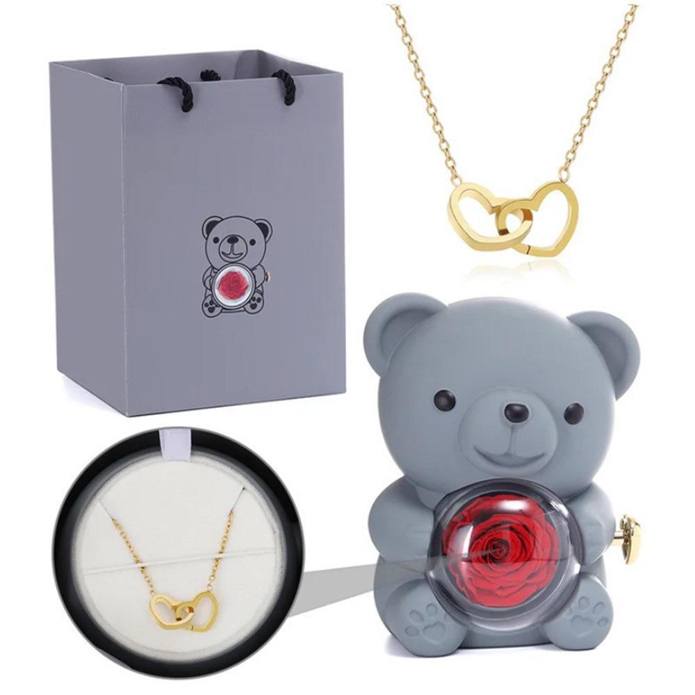 Engraved Rotating Bear Jewelry Box with Eternal Rose Necklace