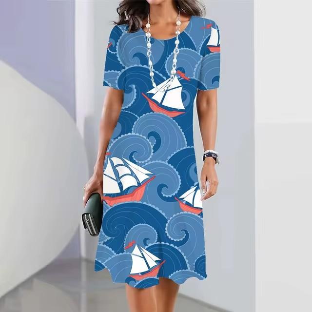 Elegantes Kurzarm 3D-Druckkleid Strand Sommer Midi-Kleider