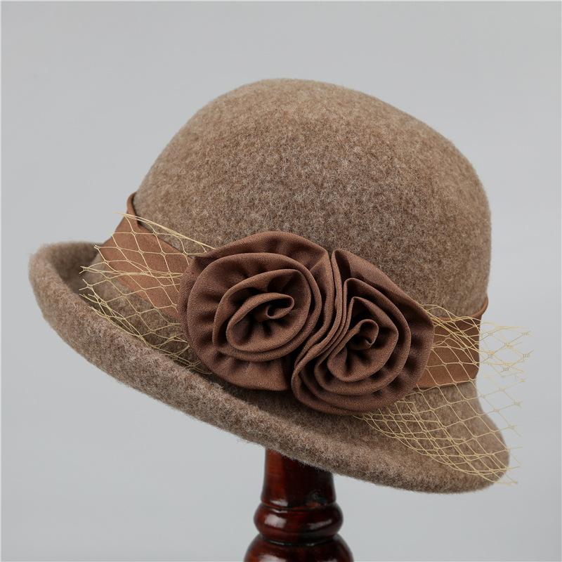 Hatt Dame høst og vinter ull varm bøttehatt Allsidig blomsterkrøllet topphatt Britisk mote ull pottelue