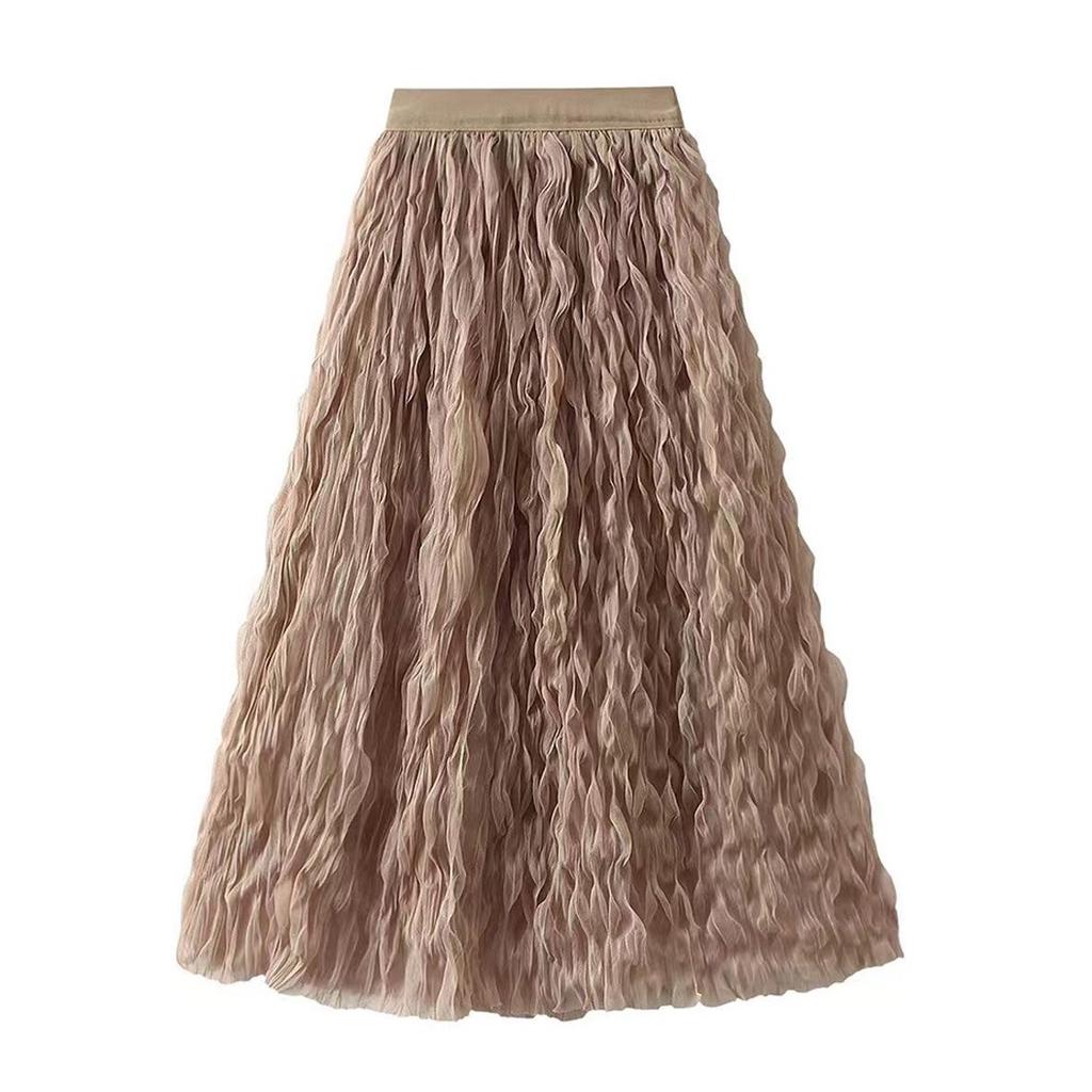 2026 Summer Elegant High Waist Mesh A-line Skirt with Wave Pleats for Women