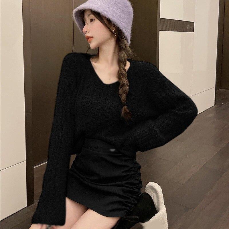 Autumn Mohair V-neck Sweater For Women Mohair Solid Color Casual Loose Soft Femme Tops Chic Hollow Out Pullovers