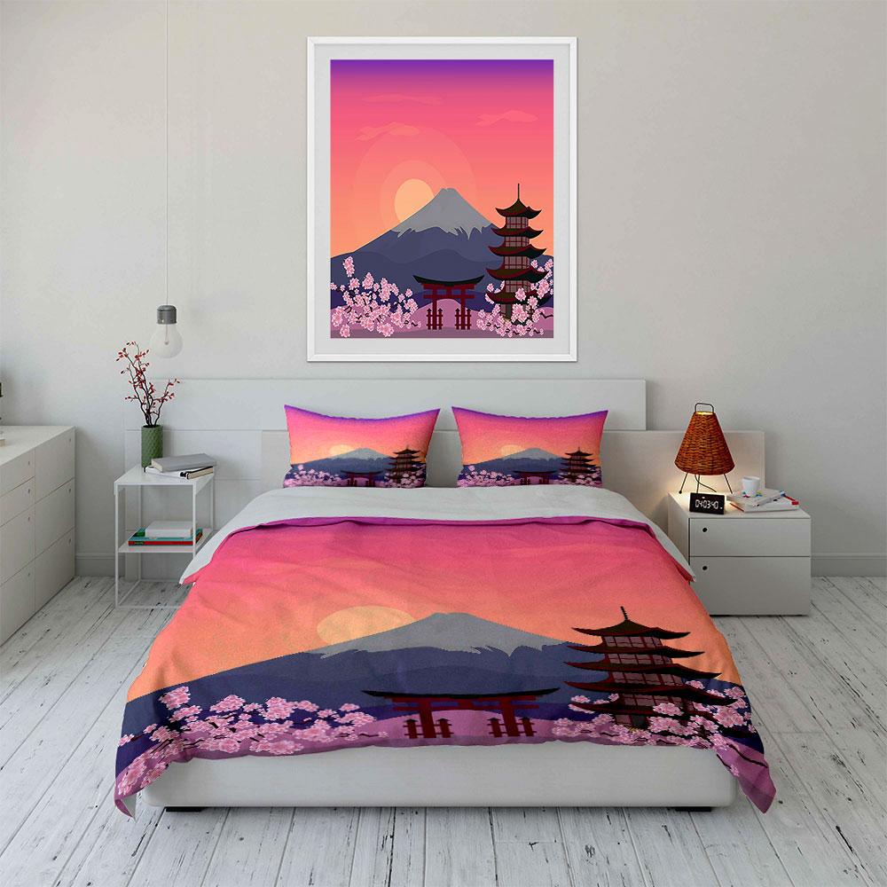 Japanese Landscape Three-Piece Set Decor Soft Skin-Friendly Bedding Set Includes 1 Duvet Cover And 2 Pillowcase Gift