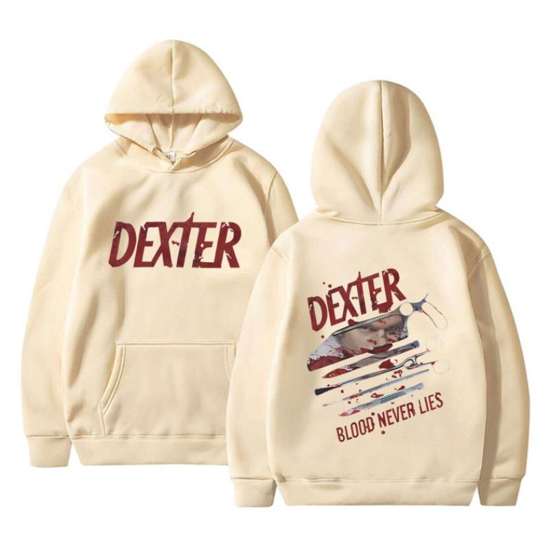Felpa con cappuccio unisex Dexter Blood Never Lies, pullover con grafica personaggio serie TV, felpa con cappuccio, stampa fronte e retro, manica lunga casual, streetwear