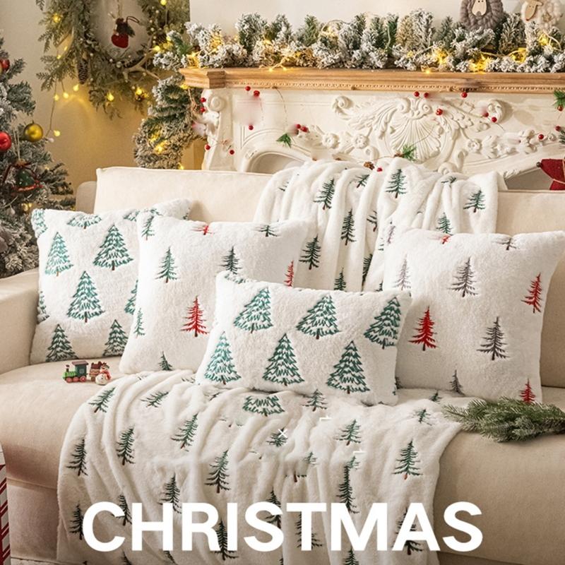 Festives Christmas Tree Embroidery Faux Furs Pillowcase Multipurpose Sofa Square Cushion Cover Bedroom Decoration